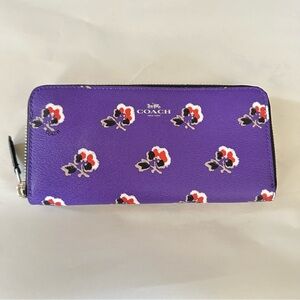 Coach Bramble Rose Flower Slim Accordion Zip Around Purple Floral Wallet